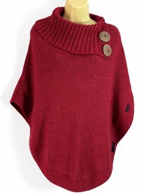 Urku Alpaca Blend Two-Button Poncho Cape Sweater Red One Size XS-XL